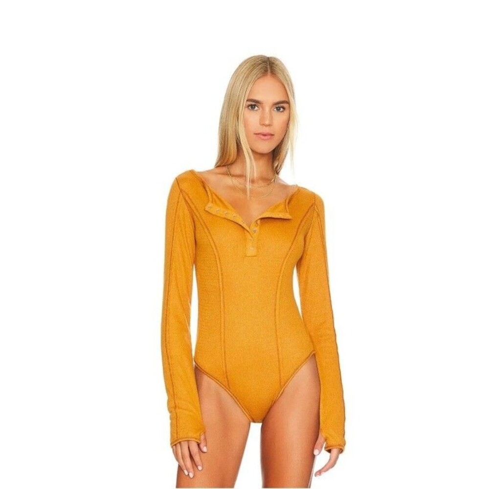 Free People Bodysuit Size M Mustard Long Sleeve Sloane Snap V Neck Ribbed Amber